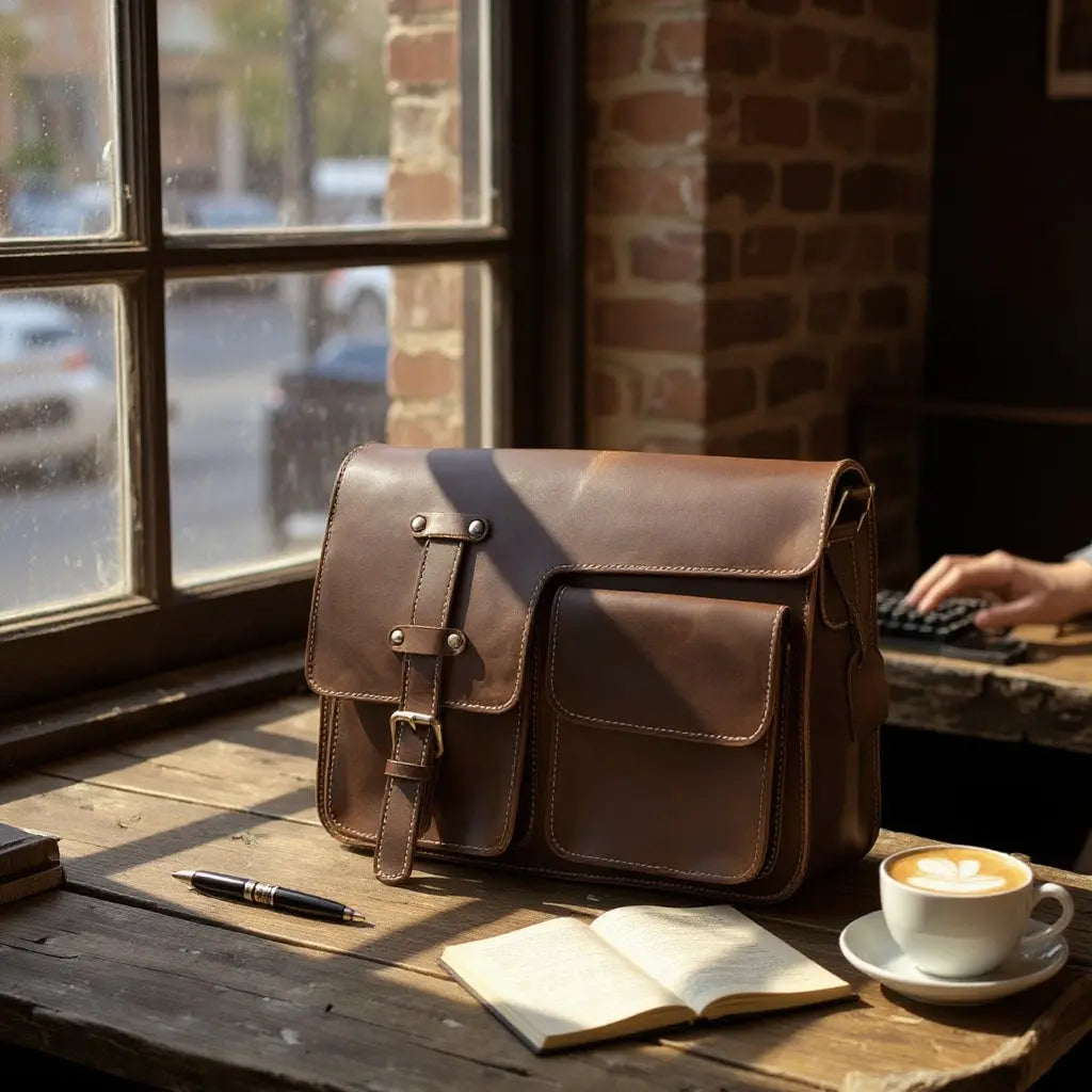 Cartable en cuir marron foncé posé sur une table près d’une fenêtre, ambiance de bureau vintage.