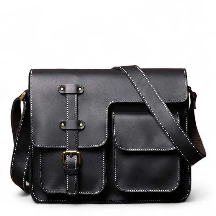 Cartable homme en cuir noir à bandoulière avec rabat et poches frontales