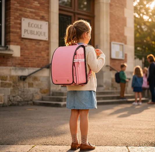 Vue de dos d'une écolière portant un sac Randoseru rose GPS, cartable japonais rigide ergonomique pour école primaire