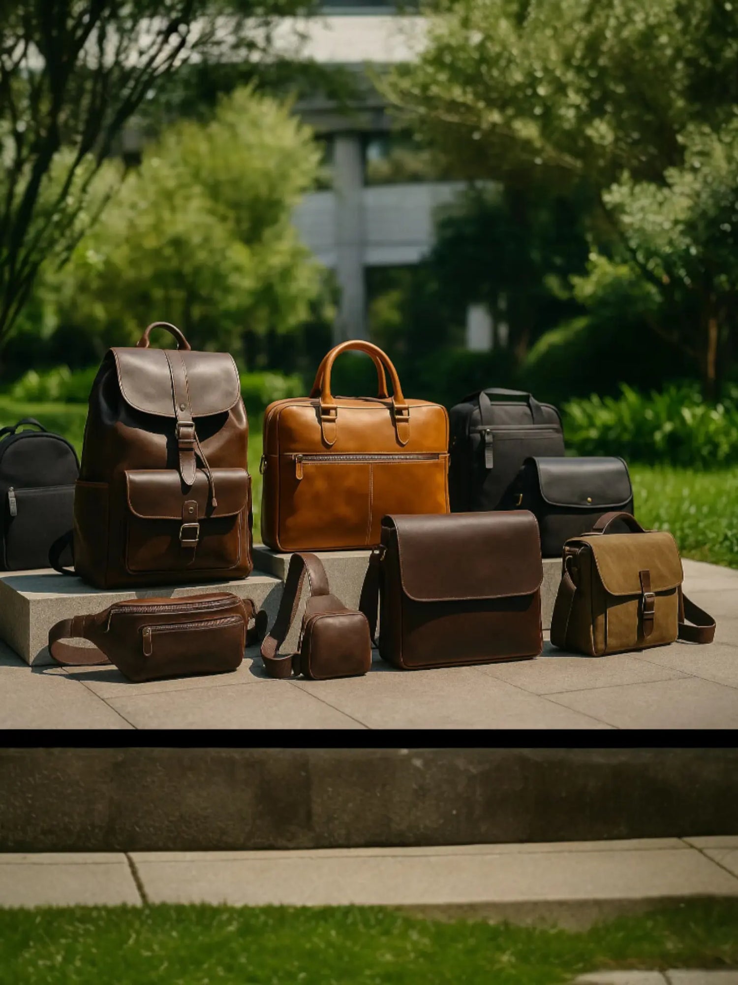 Collection de sacs pour homme en cuir et toile, incluant sac à dos, sac bandoulière, sac besace et sac de voyage, présentés en extérieur sur un socle.