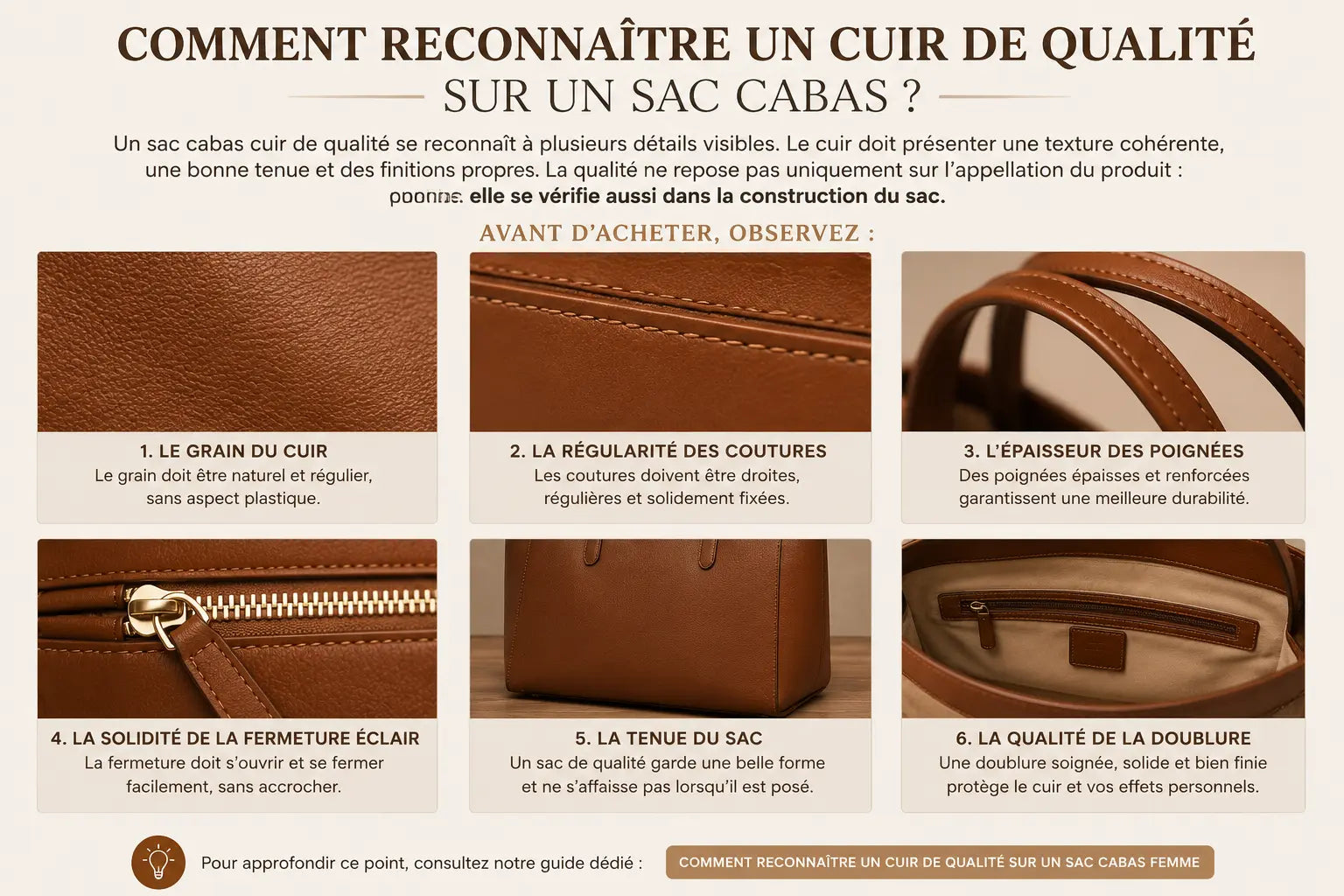 Infographie expliquant comment reconnaître un cuir de qualité sur un sac cabas femme : grain du cuir, coutures, poignées, fermeture éclair, tenue du sac et doublure