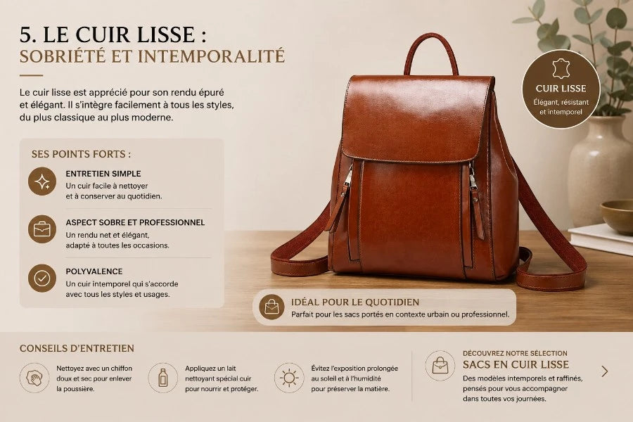 Sac à dos femme en cuir lisse marron avec finition élégante et design intemporel adapté à un usage quotidien urbain et professionnel
