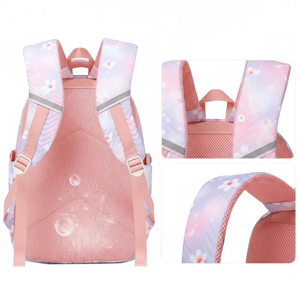 Détails des bretelles rembourrées et du dos ergonomique du sac scolaire fille