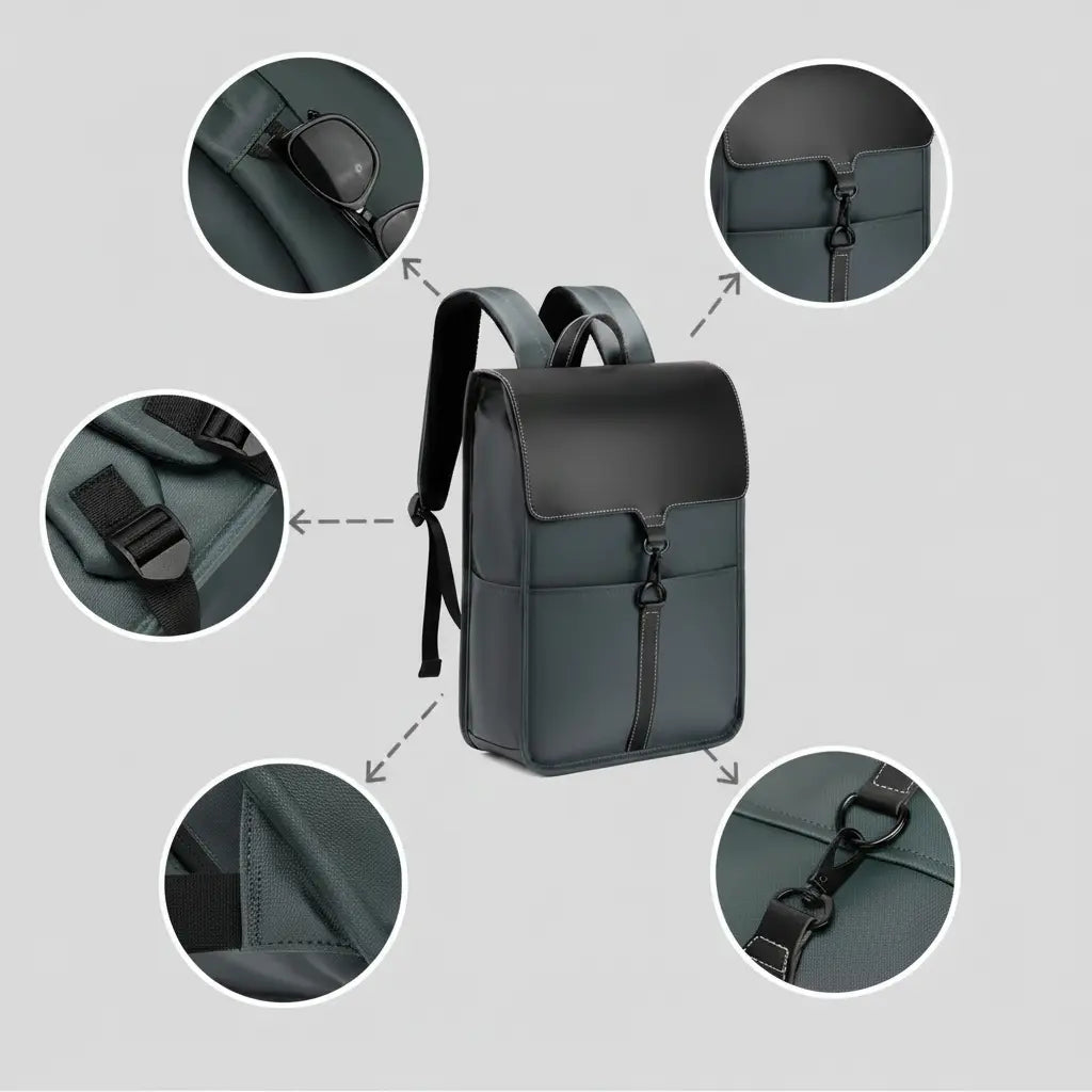 Détails techniques du sac à dos business homme avec coutures renforcées, attaches et finition imperméable