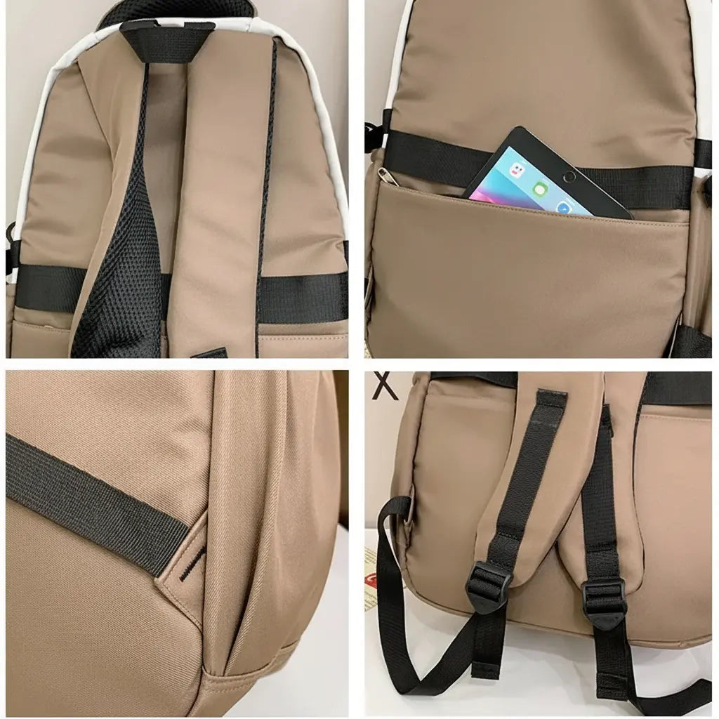 Détails des bretelles et rangements du sac à dos scolaire beige et blanc