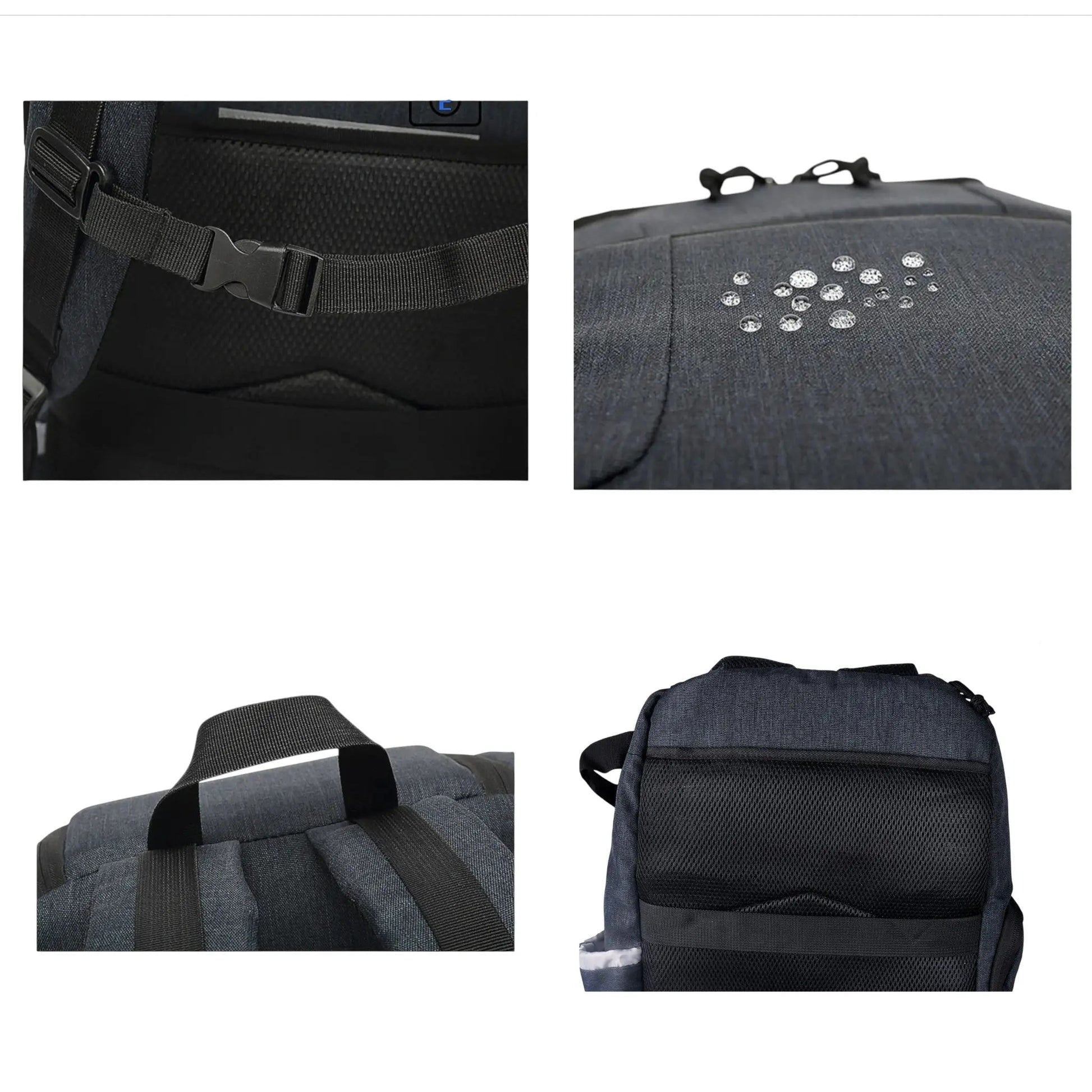 Détails du sac à dos photo noir étanche avec sangles, coutures et poches renforcées