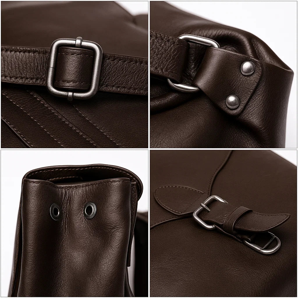 Détails des sangles, coutures et boucles métalliques du sac à dos en cuir marron.