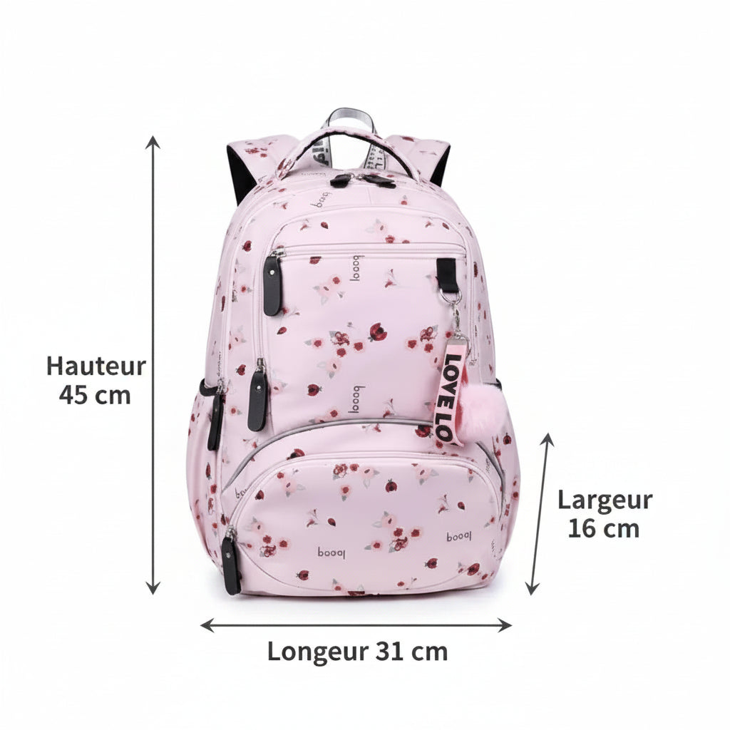 Dimensions du sac à dos collège fille à fleurs 45 x 31 x 16 cm