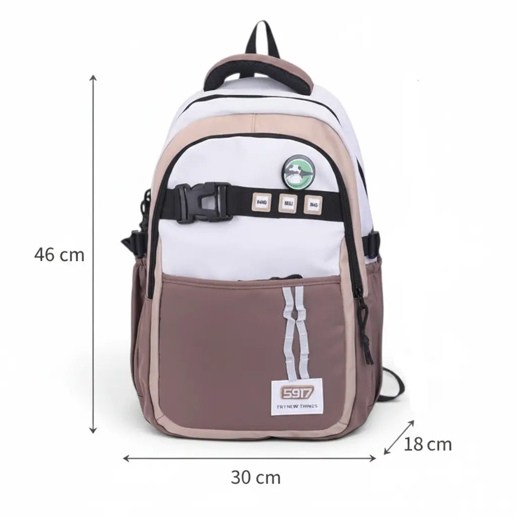 Dimensions du sac à dos scolaire beige et blanc 46 x 30 x 18 cm