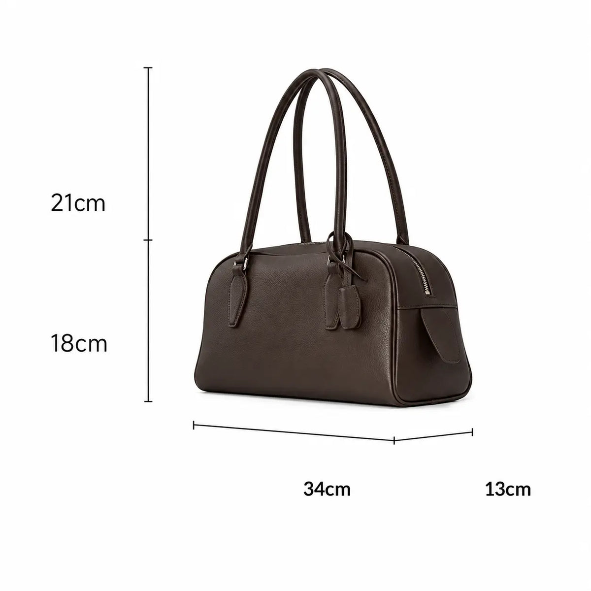 Dimensions du sac bowling en cuir grainé marron de 34 × 18 × 13 cm avec anses de 21 cm