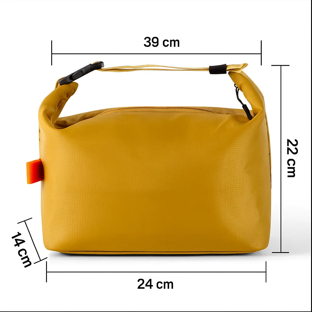 Dimensions du sac isotherme japonais en tissu Oxford jaune 24 × 14 × 22 cm ouverture 39 cm