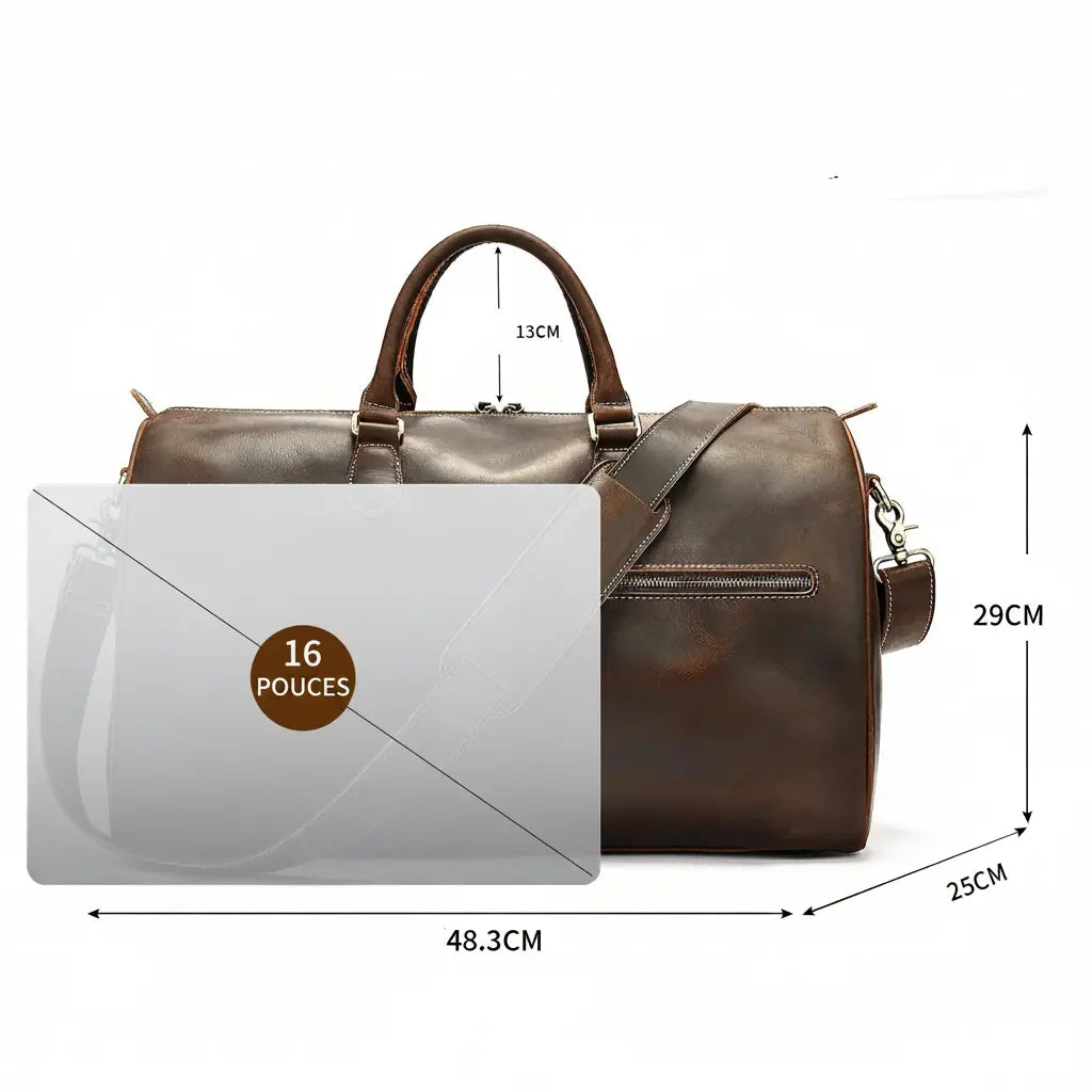 Dimensions du sac de voyage en cuir de vachette 48,3 × 25 × 29 cm adaptées à un ordinateur portable de 16 pouces