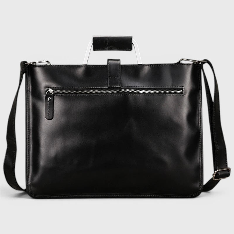 Vue arrière du porte-documents en cuir noir avec poche zippée extérieure