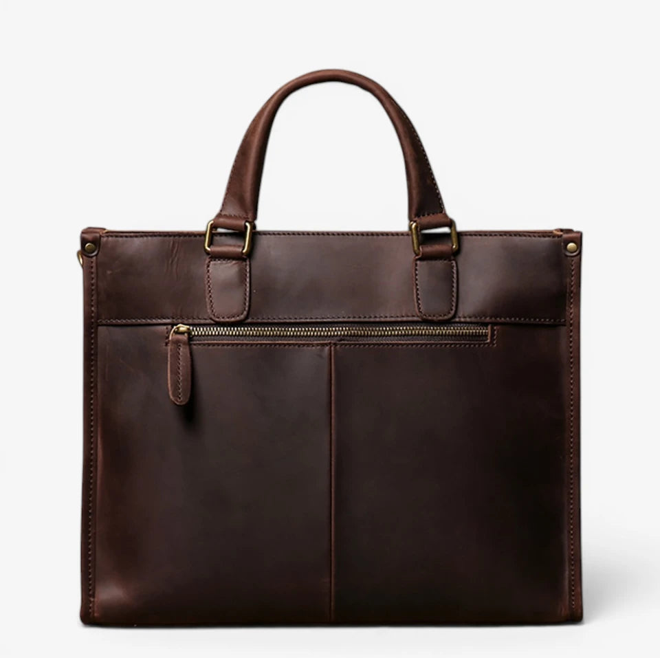 Vue arrière du porte-documents homme en cuir de vachette marron foncé avec poche zippée