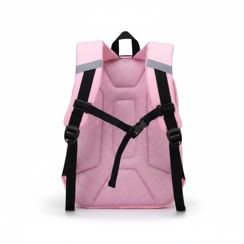 Vue arrière du sac à dos ergonomique rose avec bretelles réglables rembourrées