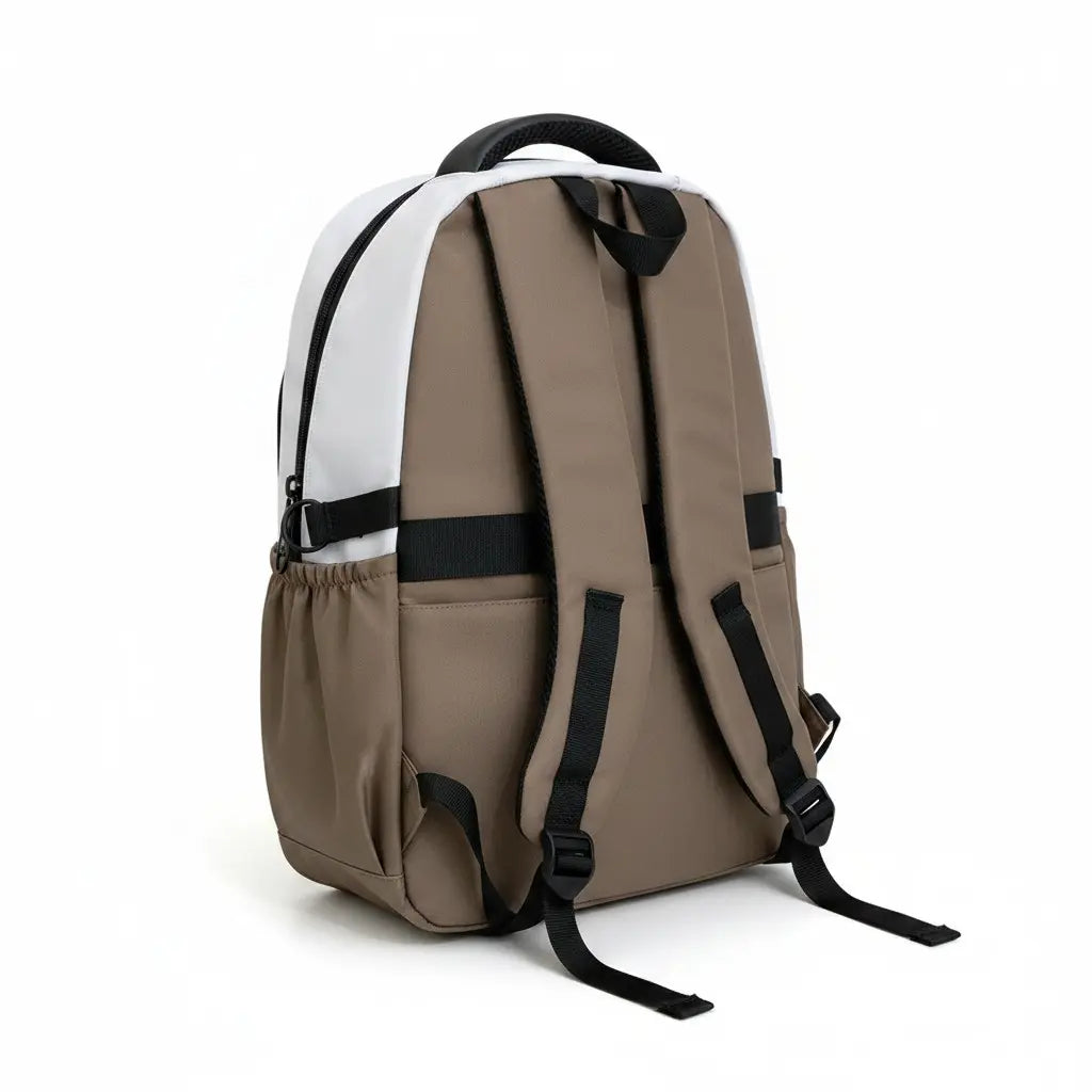 Vue arrière du sac à dos scolaire beige et blanc avec bretelles ajustables
