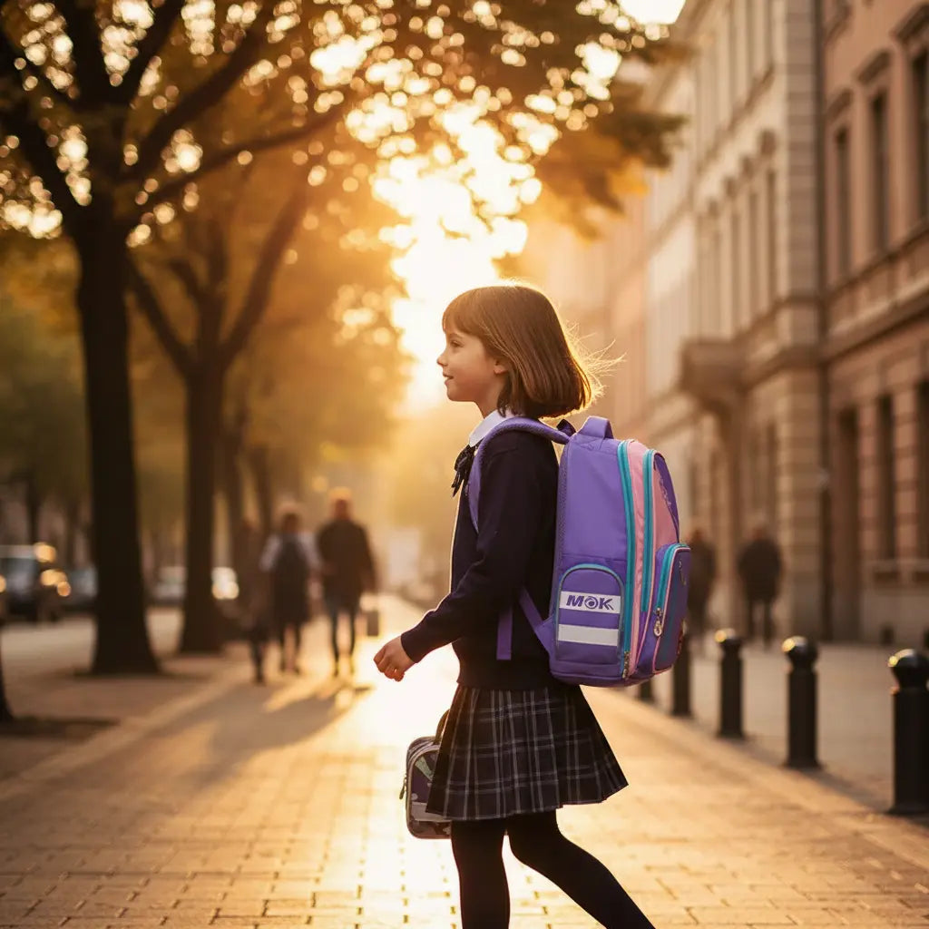 Écolière marchant avec un sac à dos violet et rose sur le trajet de l’école