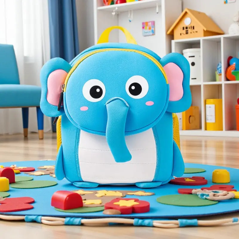 Sac à dos éléphant bleu pour enfant posé dans une chambre de jeux