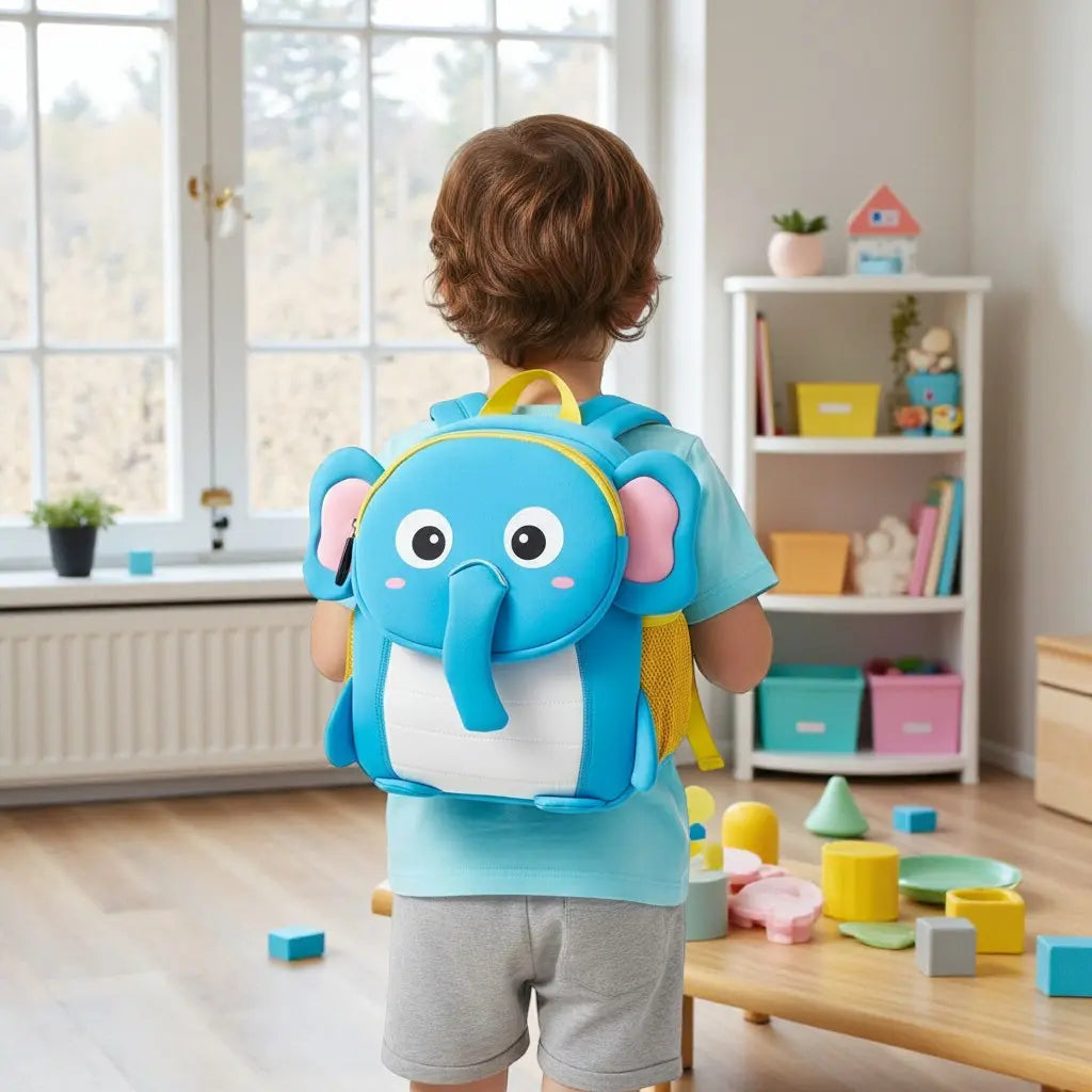 Enfant portant un sac à dos éléphant bleu pour la maternelle