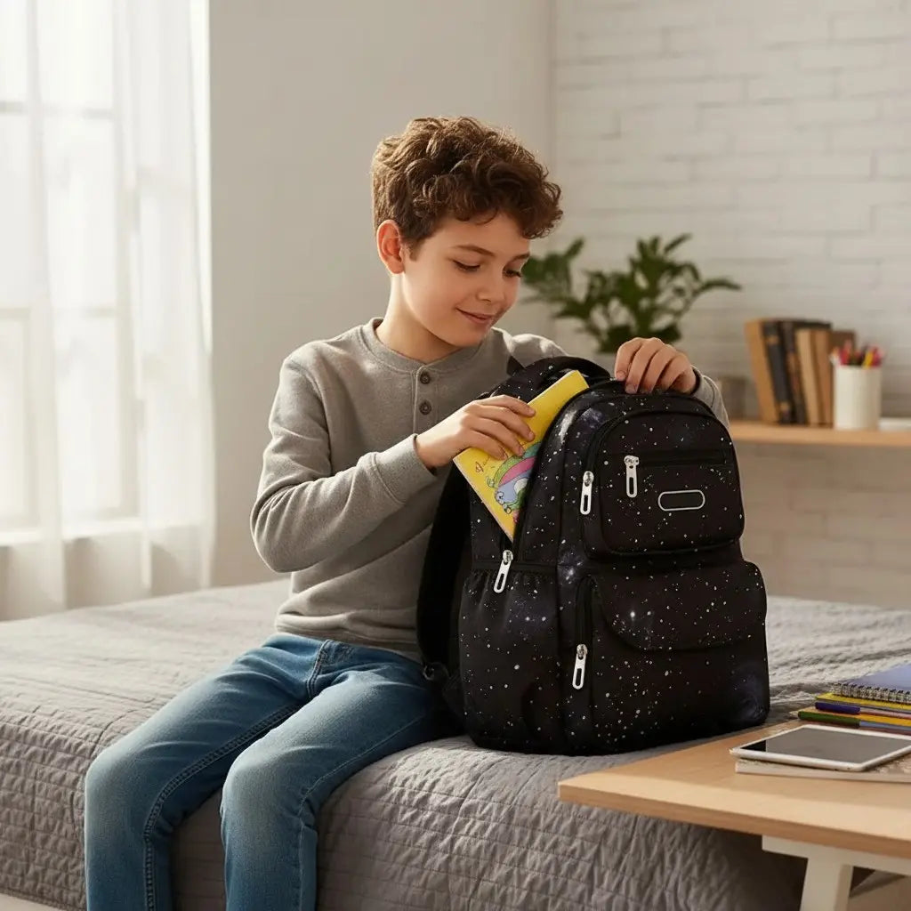Enfant range ses affaires dans un sac à dos ergonomique noir pour école primaire et collège