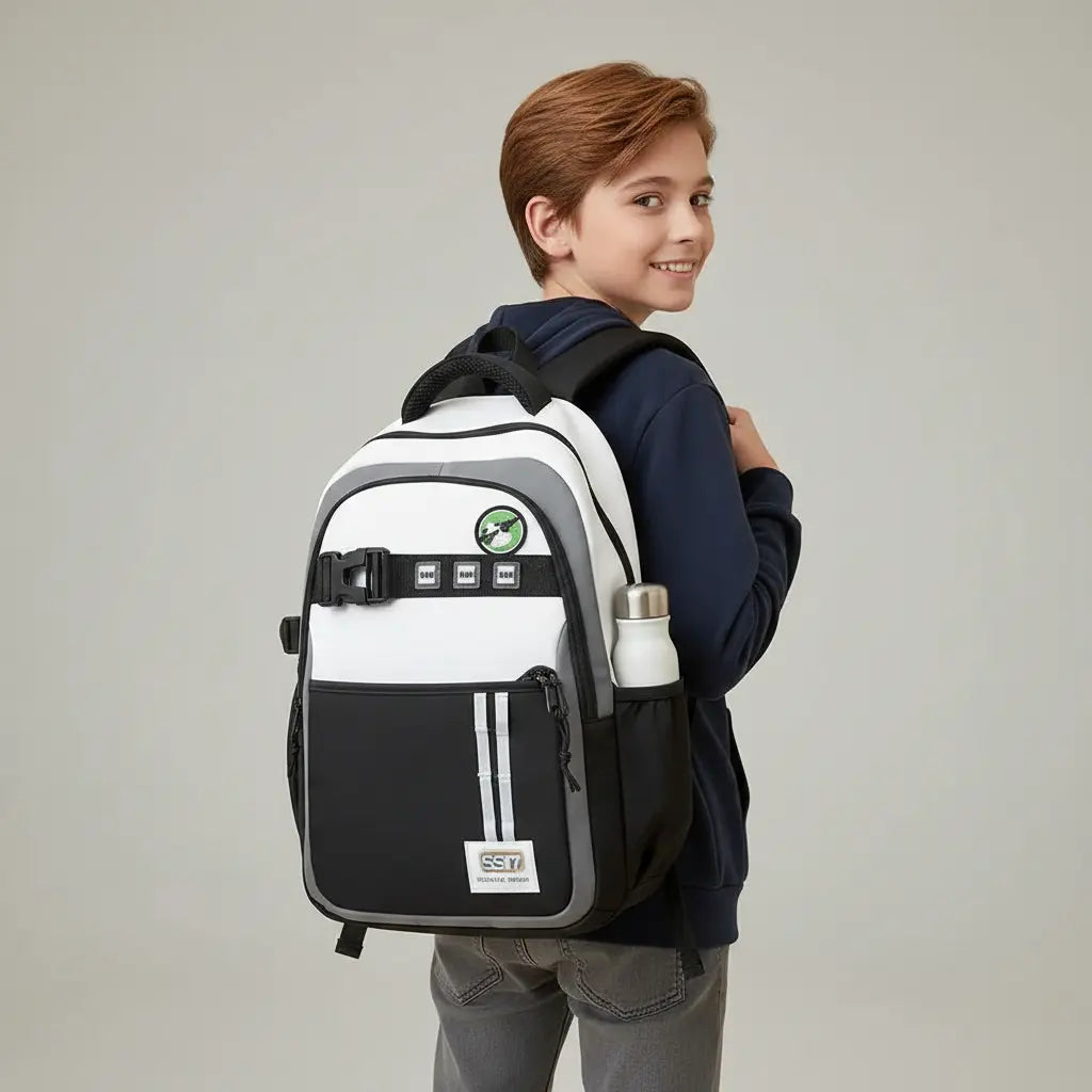 Garçon portant un sac à dos scolaire noir et blanc en studio