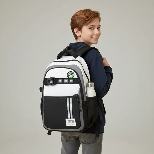 Garçon portant un sac à dos scolaire noir et blanc en studio