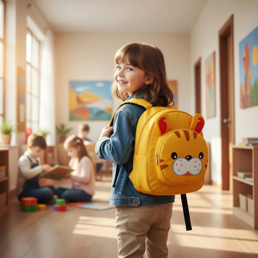 Enfant portant un sac à dos tigre jaune dans une école maternelle