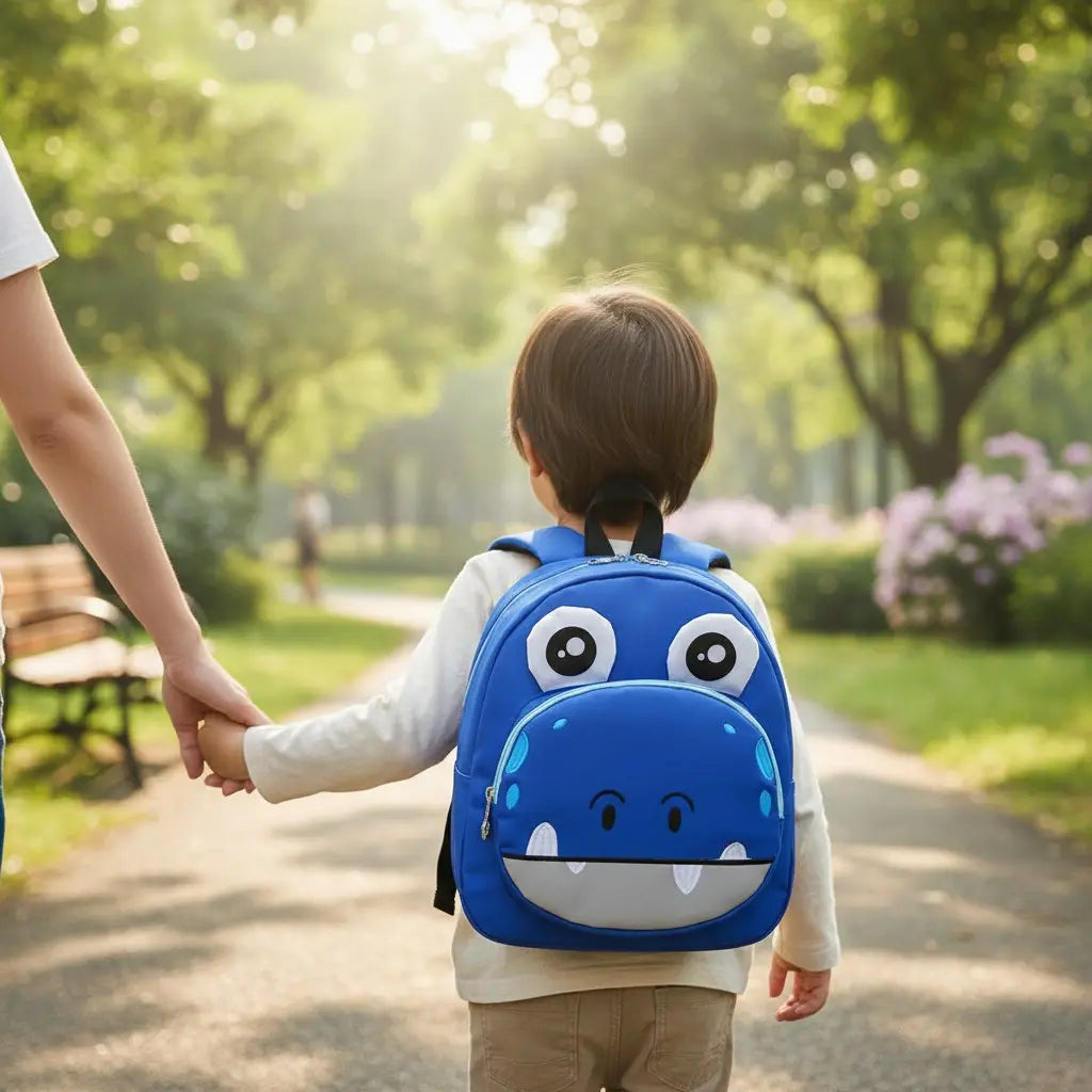 enfant portant un sac à dos hippopotame bleu à l’école