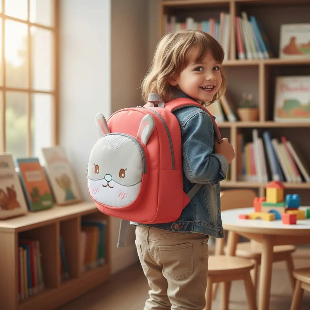enfant portant un sac à dos lapin rose en maternelle
