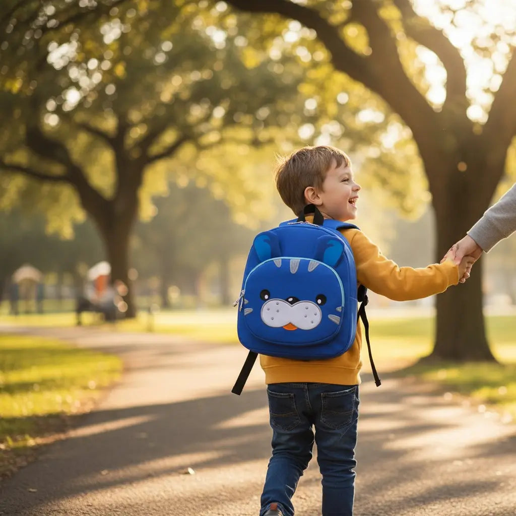 enfant portant un sac à dos tigre bleu sur le chemin de l’école