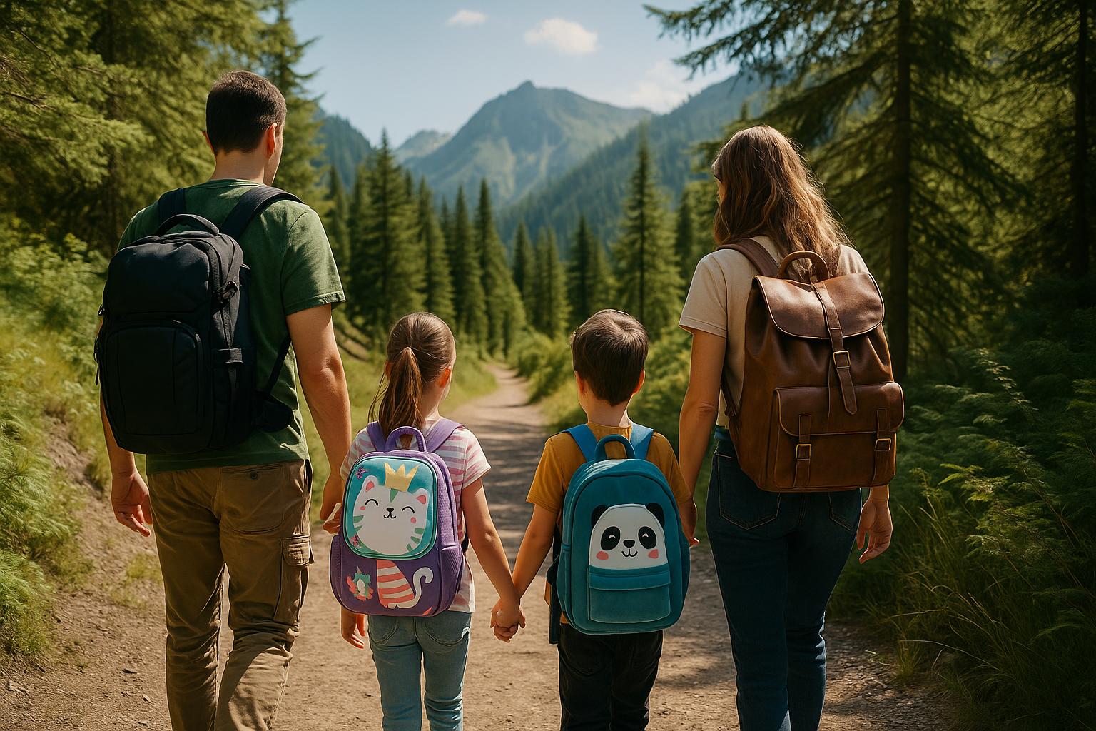 Famille en randonnée portant un sac à dos chacun