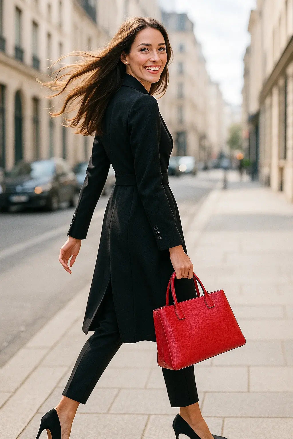 femme élégante vêtu de noir marchant dans une ville urbaine portant à sac main rouge