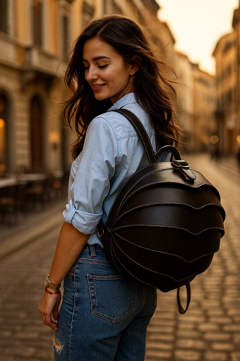 Jeune femme portant un sac à dos en cuir noir 
