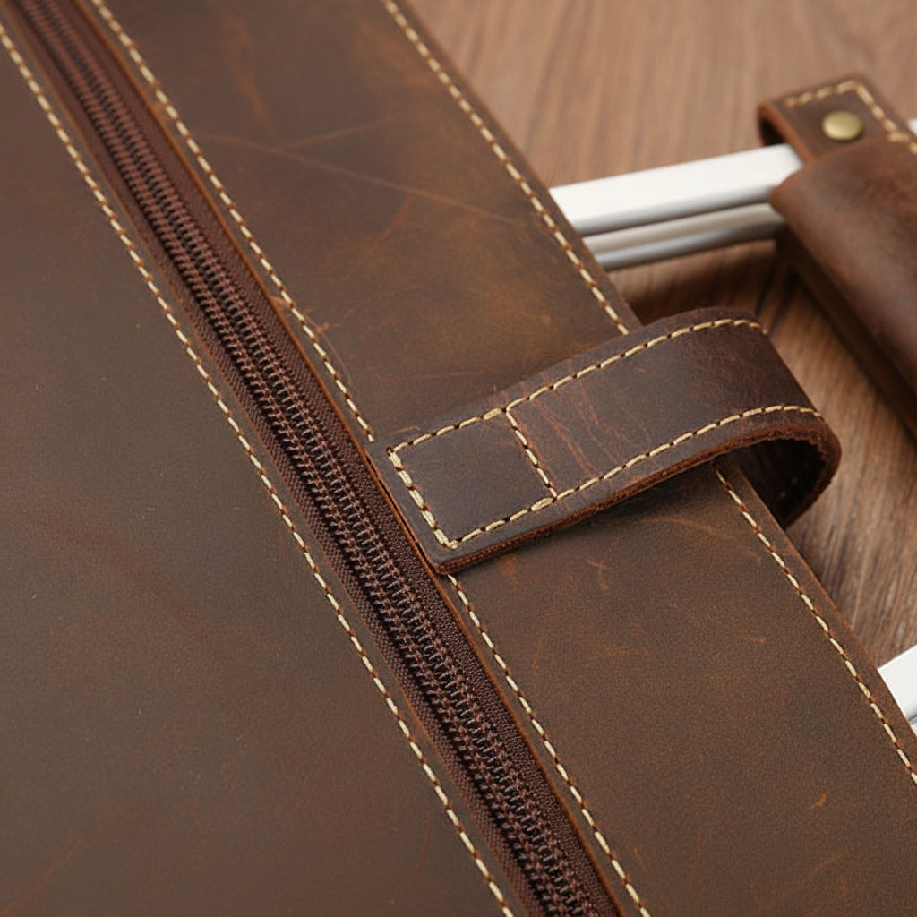 Fermeture zippée robuste du porte-documents en cuir marron foncé