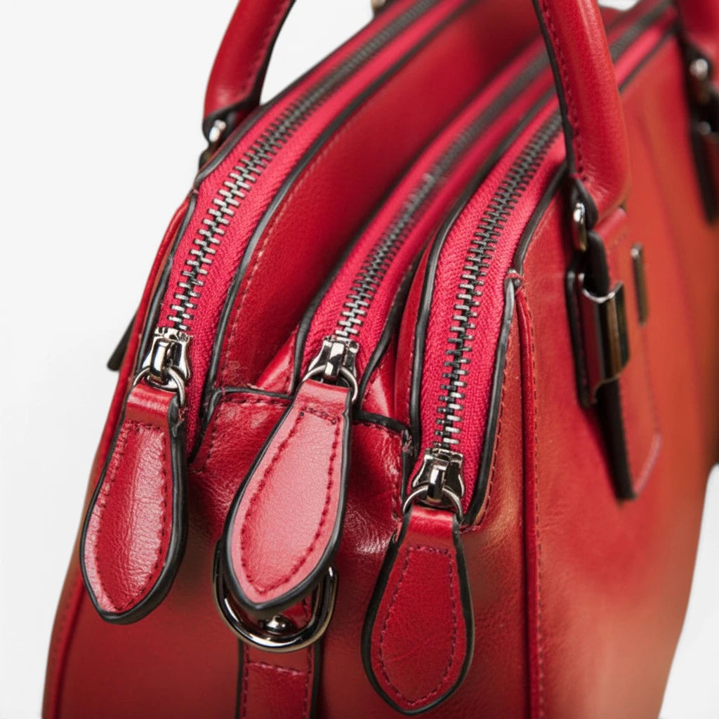 Détail des fermetures zippées et des tirettes du sac en cuir rouge