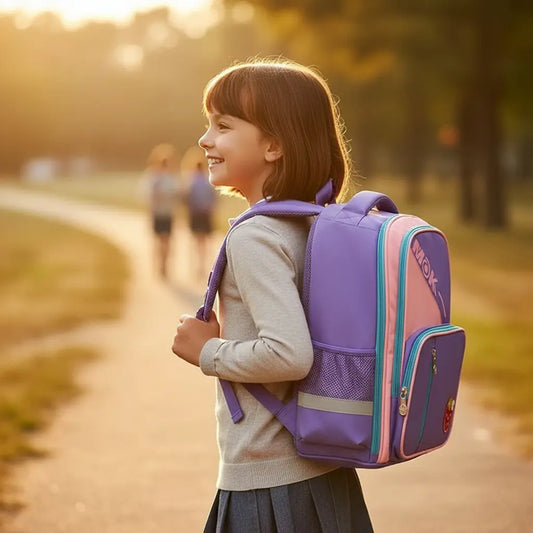 Jeune écolière portant un sac à dos ergonomique violet et rose sur le chemin de l’école primaire