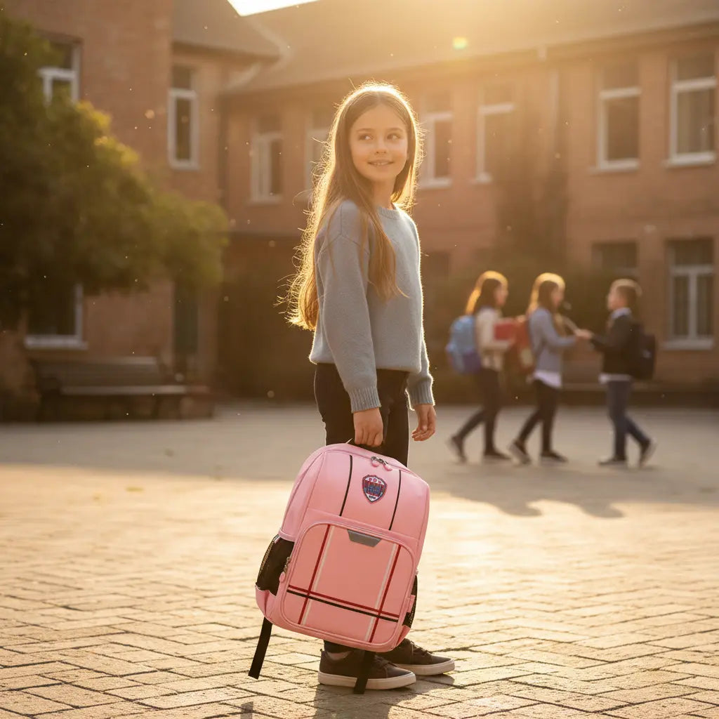 Écolière avec sac à dos rose style cartable sur le chemin de l’école primaire