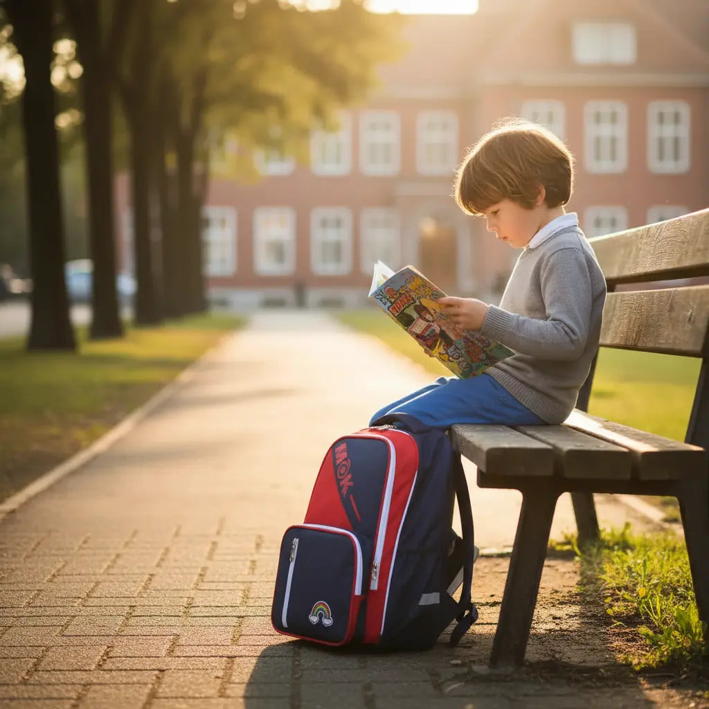 Écolier assis lisant avec sac à dos bleu et rouge pour école primaire