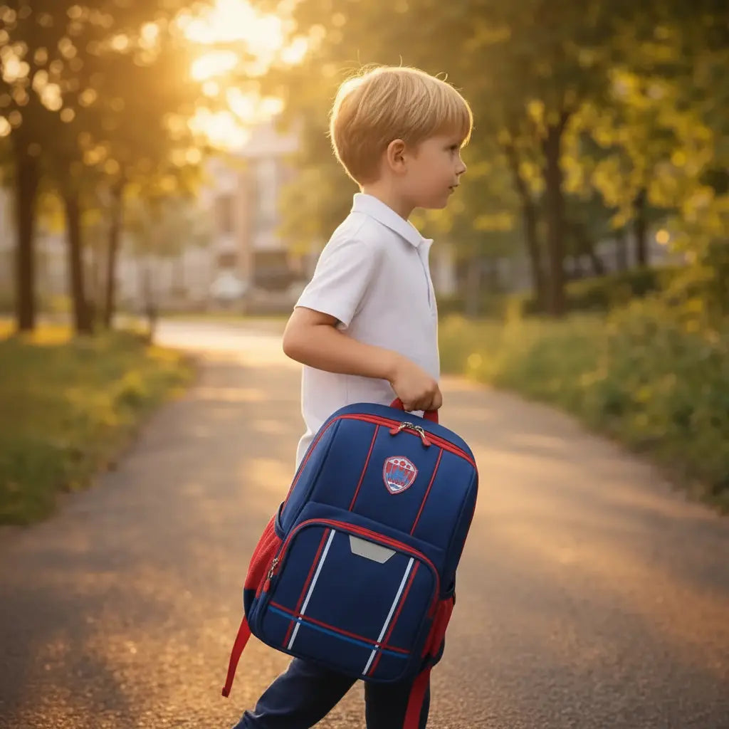 Écolier tenant un sac à dos bleu et rouge style cartable pour école primaire