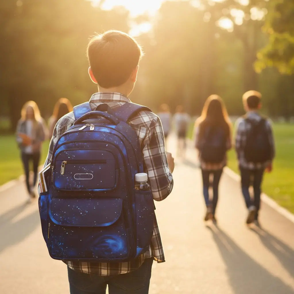 Garçon portant un sac à dos collège bleu grande capacité sur le chemin de l’école
