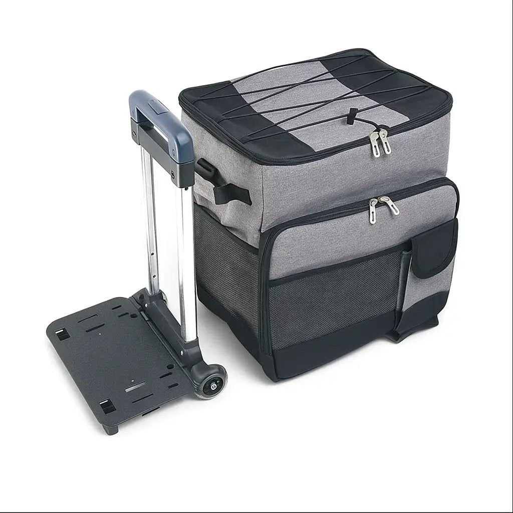 Glacière isotherme grise en tissu Oxford avec trolley démontable prêt à être assemblé