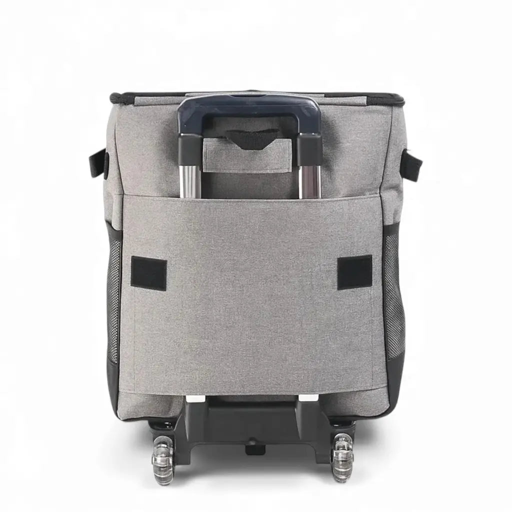 Vue arrière de la glacière isotherme grise montrant le support du trolley amovible