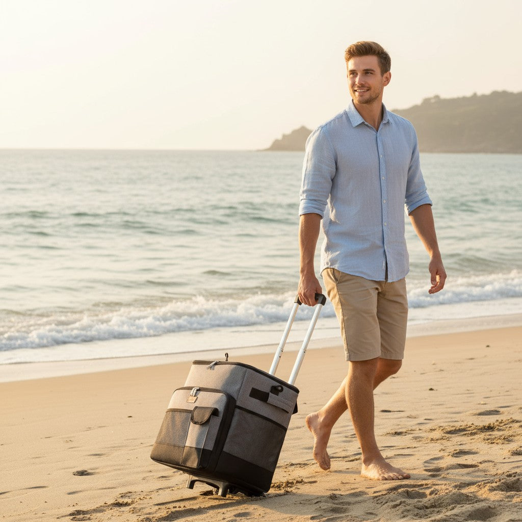Homme tirant une glacière isotherme grise sur la plage grâce à son trolley à roulettes
