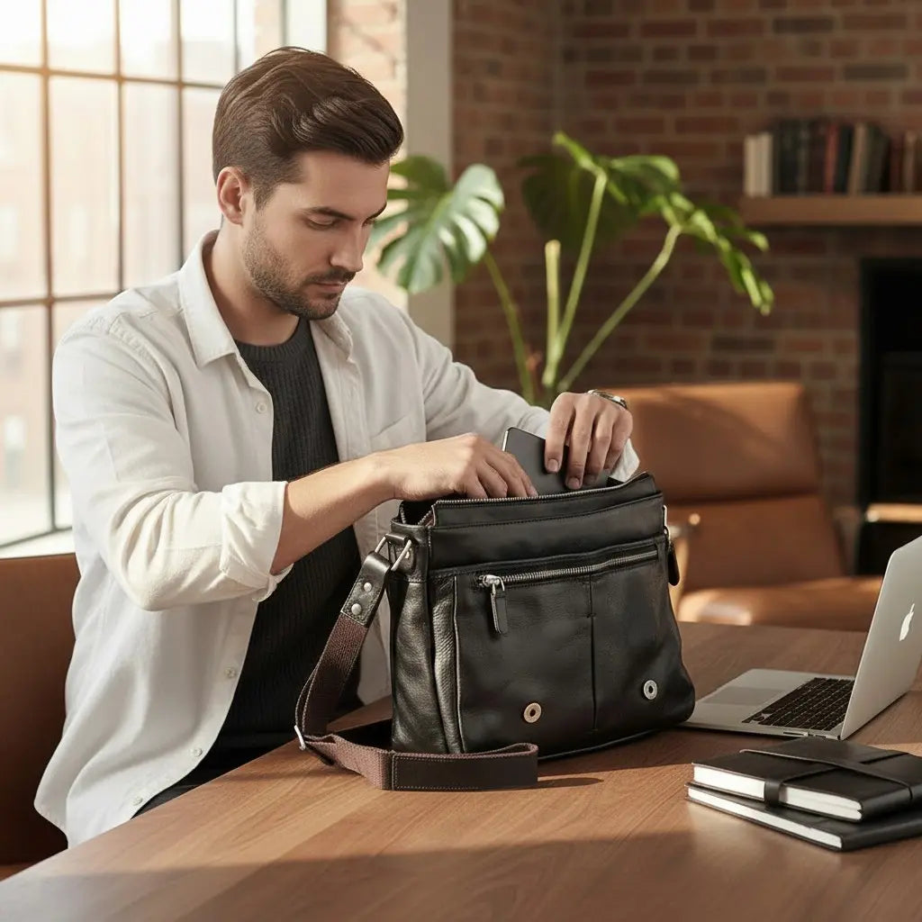 Homme utilisant un sac à bandoulière en cuir noir vintage dans un espace de travail moderne