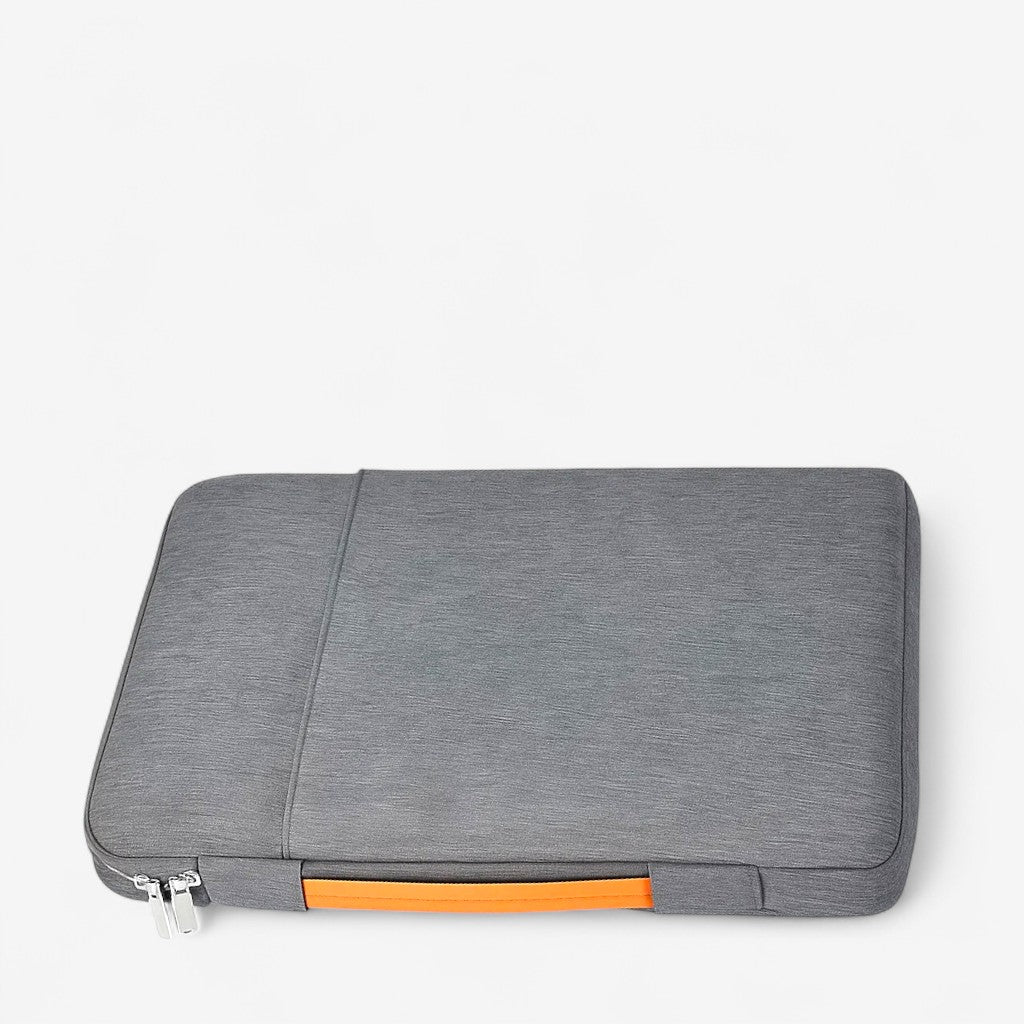 Housse ordinateur portable grise avec poignée intégrée orange et fermeture zippée