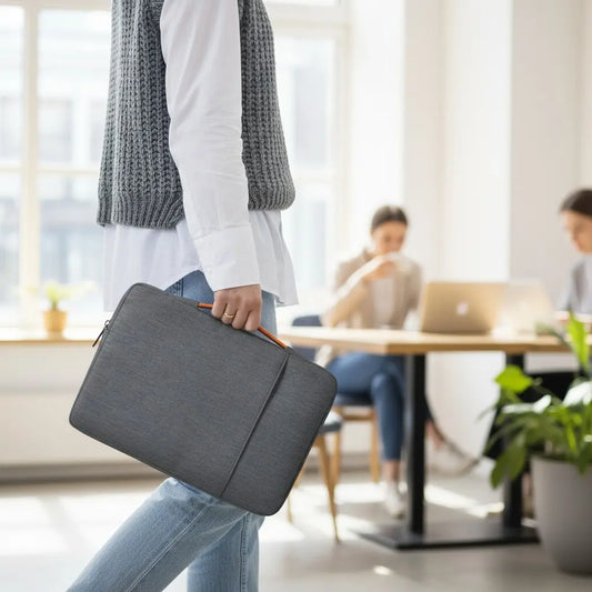 Housse ordinateur portable grise portée à la main avec poignée intégrée