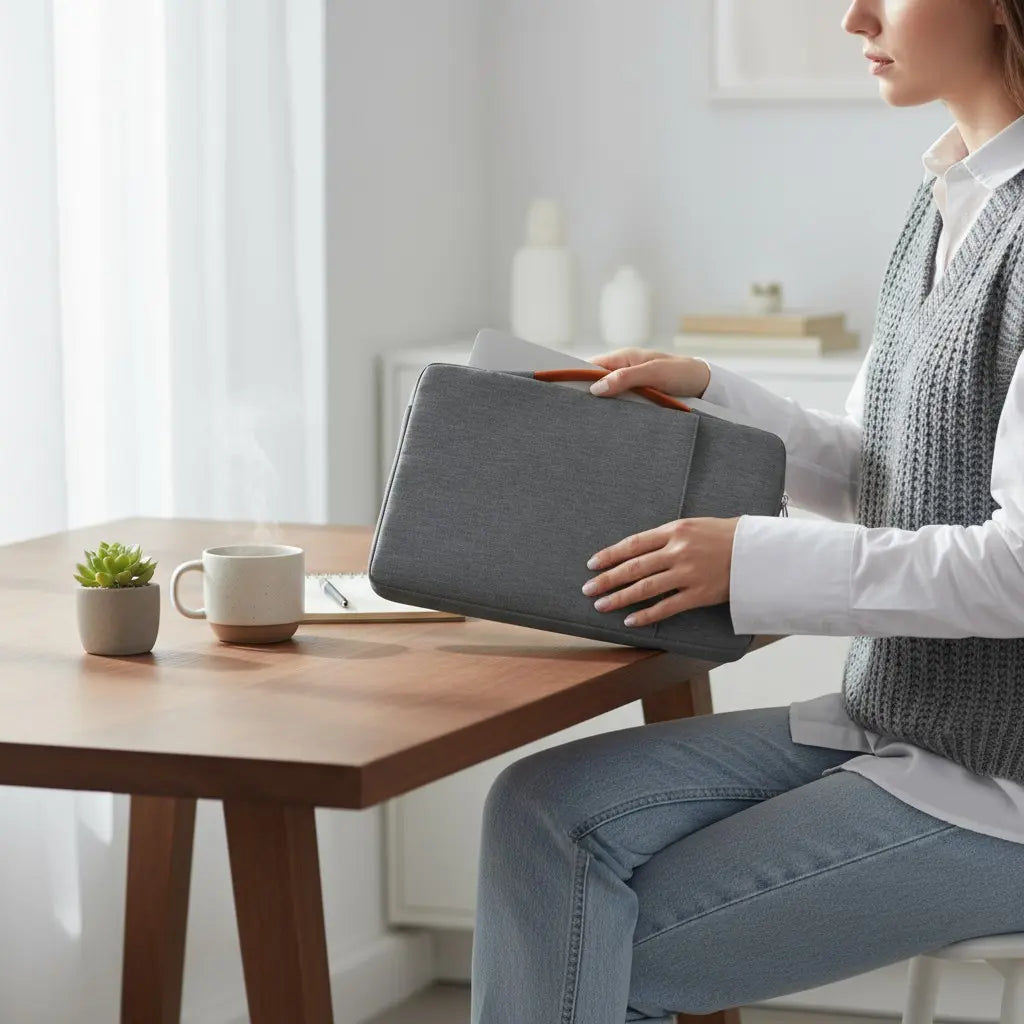 Housse ordinateur portable grise tenue à deux mains dans un intérieur moderne