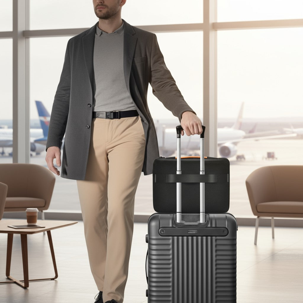 Housse ordinateur portable grise fixée sur une valise de voyage à roulettes