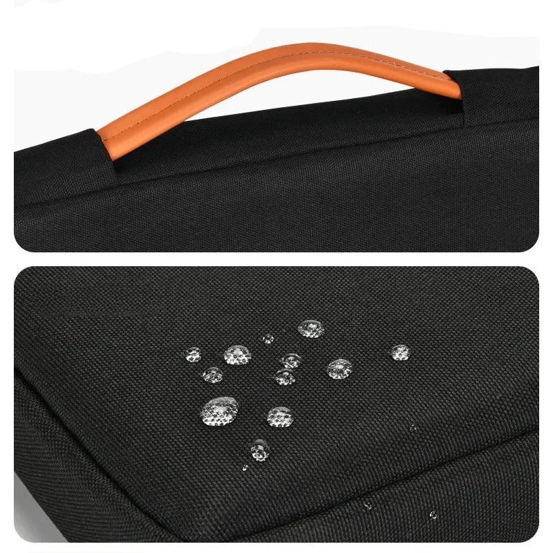 Gros plan sur la poignée orange d’une housse ordinateur portable noire