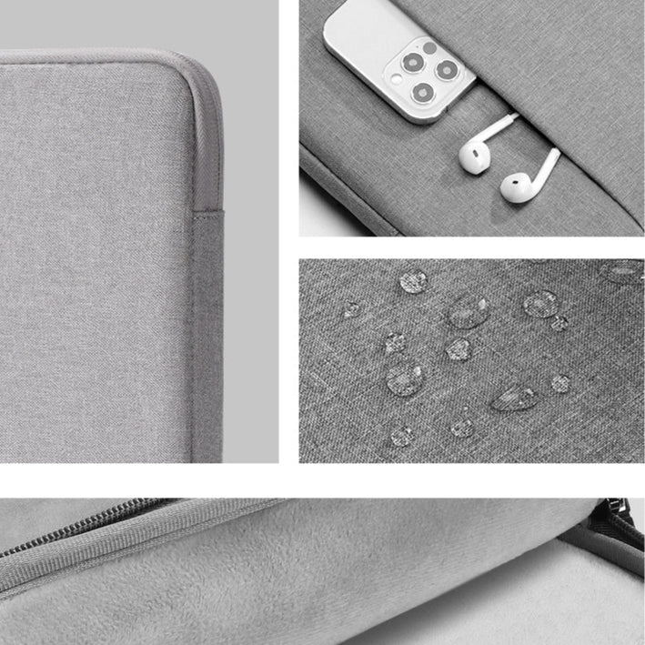 Détails de la housse ordinateur portable grise, tissu imperméable et protection anti-rayures